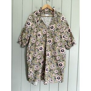 Sundays Spence Poplin Dress L Large Sage Floral Ruffle Collar V-Neck S/S